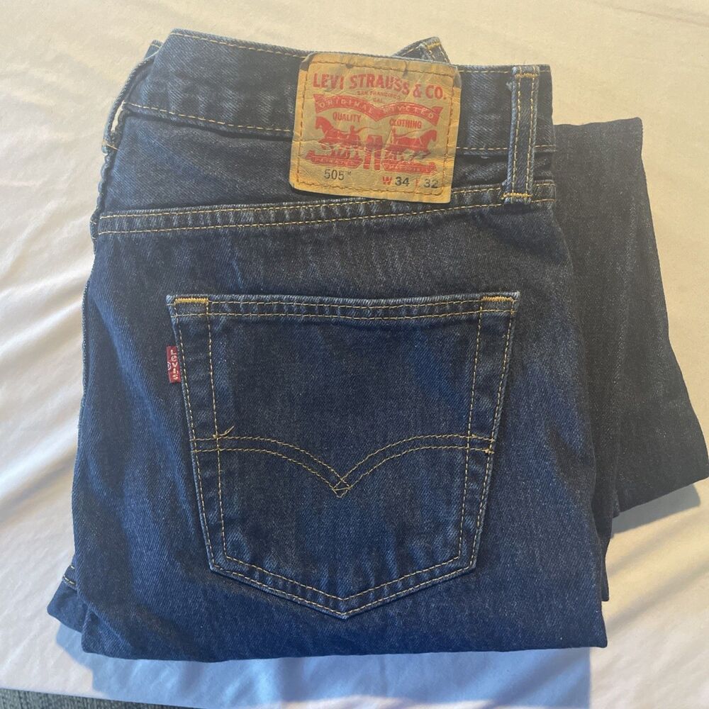 Levis 505 Men's Regular Fit Straight Leg Denim Blue Jeans 34 x 32